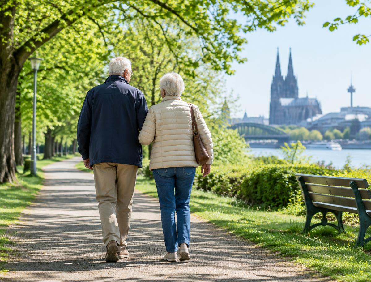 Ein älteres Paar bei einem Spaziergang am Rhein in Köln – illustrative Aufnahme